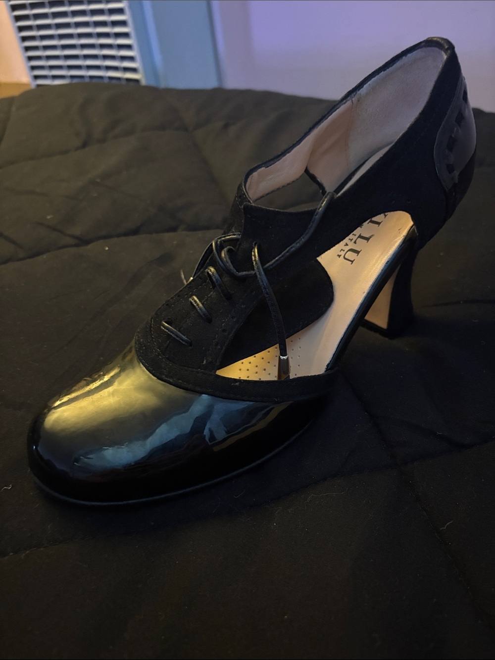Anyi Lu Black Patent & Suede Lace-Up Mid Heel Pump